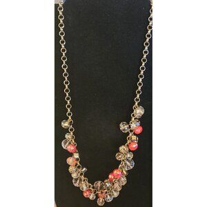 LOFT Necklace Boho Rosey Pink Cluster Beaded Bib Pendant Gold Tone Chain 20 Inch